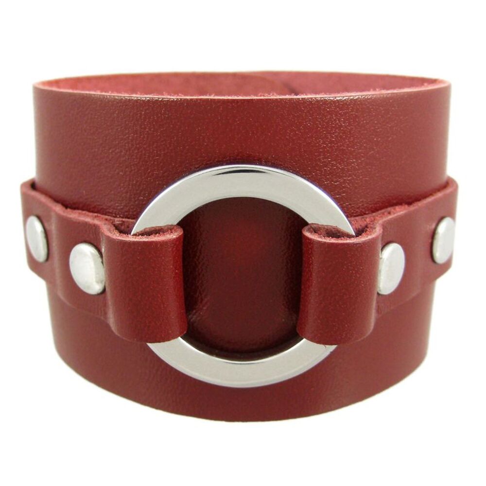 Brown Leather Chrome O Ring Wristband Bracelet